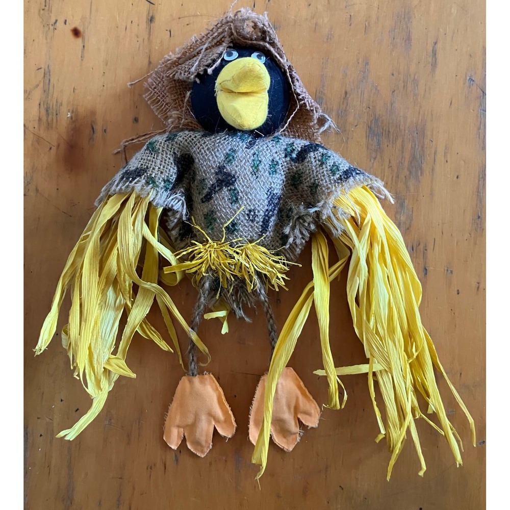 Crow Scarecrow Fall Decor Black Rustic Burlap Raffia Folk Art